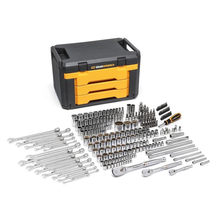 GearWrench 1/4in, 3/8in, and 1/2in Drive 12 Point SAE and Metric Mechanics Tool Set 243 Piece