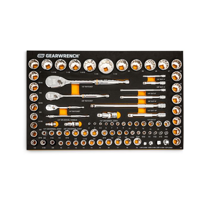 GearWrench 1/4in, 3/8in, 1/2in 90-Tooth SAE and Metric Mechanics Tool Set with Foam Tray 83 Piece