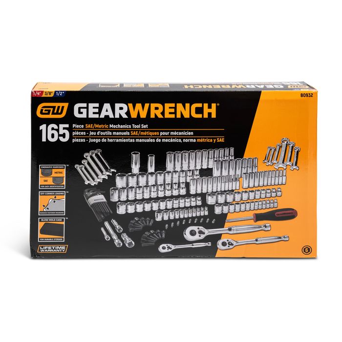 GearWrench 1/4in, 3/8in and 1/2in Drive 6 Point SAE and Metric Mechanics Tool Set 165 Piece