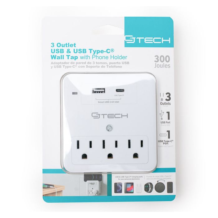 CJ Tech Wall Tap 3 AC Outlet, 1 USB, and 1 USB Type C with Phone Holder